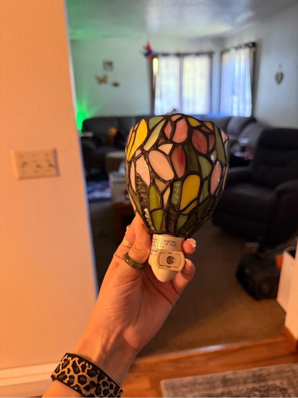 Stained Glass Night Light - Pink, Yellow & Green Floral Design